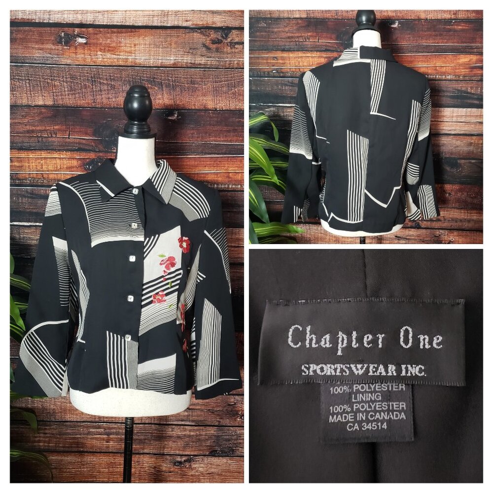 Chapter One Vintage Top 12 Embroidered Abstract Print Lined 3/4 Sleeves Cropped